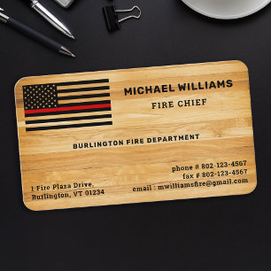 Rustic Thin Red Line America Flag Wood Firefighter Business Card