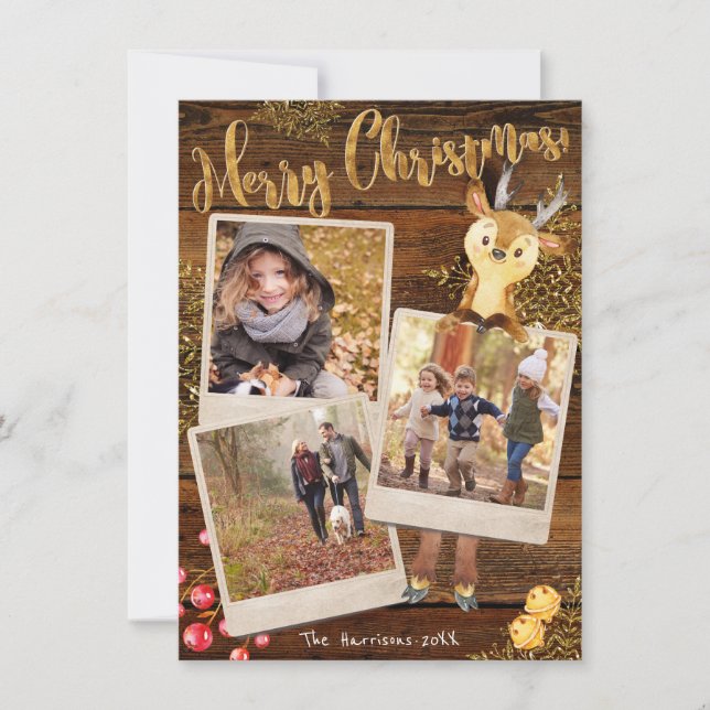 Rustic Three Photo Collage Personalized Christmas Holiday Card (Front)