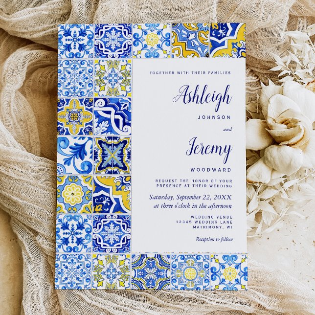 Rustic Tile Blue Yellow Wedding Invitation (Creator Uploaded)