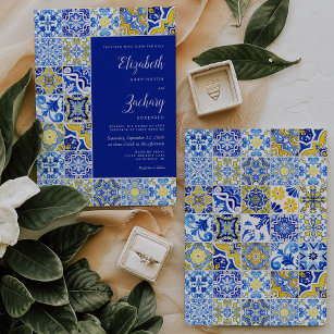 Rustic Tile Blue Yellow White Wedding Invitation