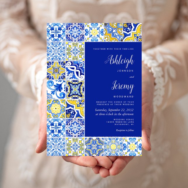 Rustic Tile Blue Yellow White Wedding Invitation (Creator Uploaded)