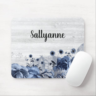 RUSTIC TIMBER BLUE FLORAL BORDER CUSTOMIZABLE MOUSE MAT