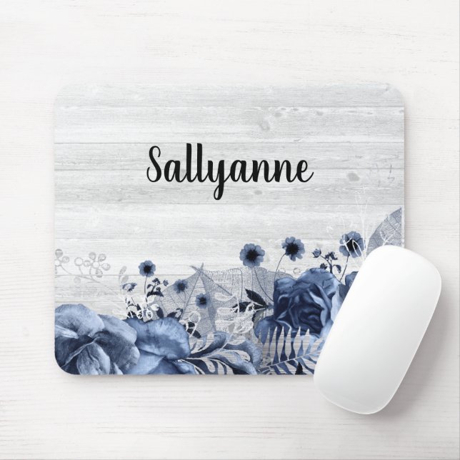 RUSTIC TIMBER BLUE FLORAL BORDER CUSTOMIZABLE MOUSE MAT (With Mouse)