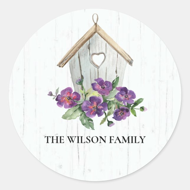 RUSTIC TIMBER WOOD VIOLET FLORAL BIRD HOUSE CLASSIC ROUND STICKER (Front)