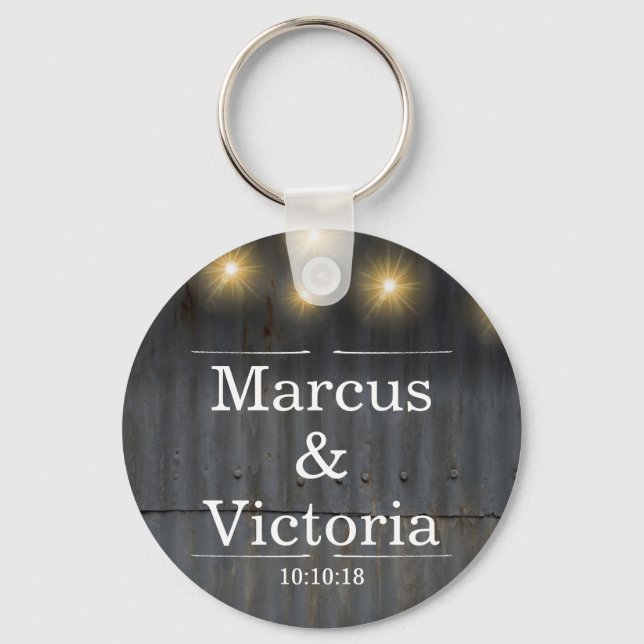 Rustic tin bard door weddimg key ring (Front)