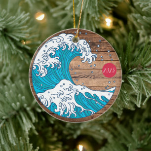 Rustic Title Wave and Sun - Custom Year Name  Ceramic Tree Decoration