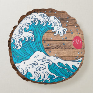 Rustic Title Wave and Sun - Custom Year Name  Round Cushion