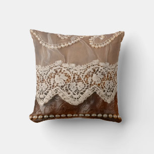 Rustic Tooled Leather and Antique Lace Western Cushion