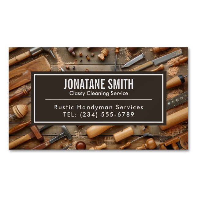 Rustic Tools Carpenter Handyman Woodworker Magnetic Business Card (Front)