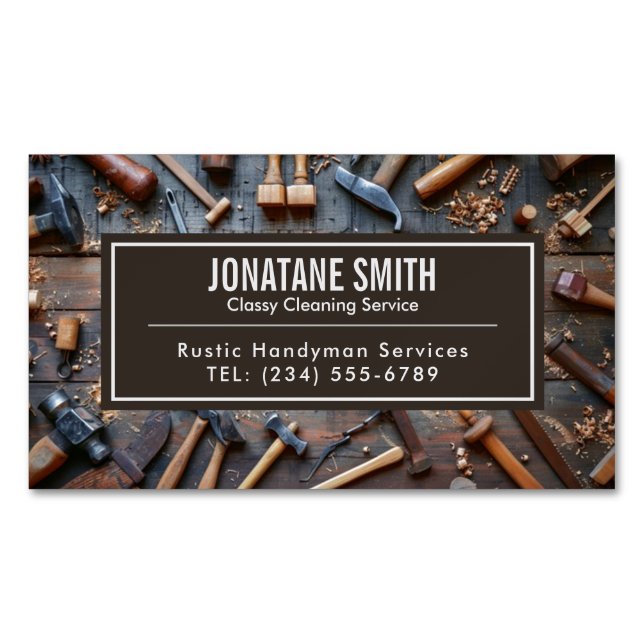Rustic Tools Carpenter Handyman Woodworker Magnetic Business Card (Front)