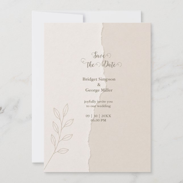 Rustic Torn Paper minimal Wedding Botanicals Invitation (Front)
