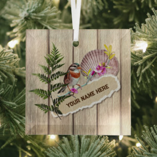 Rustic Torn Paper Wood Oil Paint Personalise Name Glass Tree Decoration