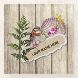 Rustic Torn Paper Wood Oil Paint Personalize Name Glass Coaster