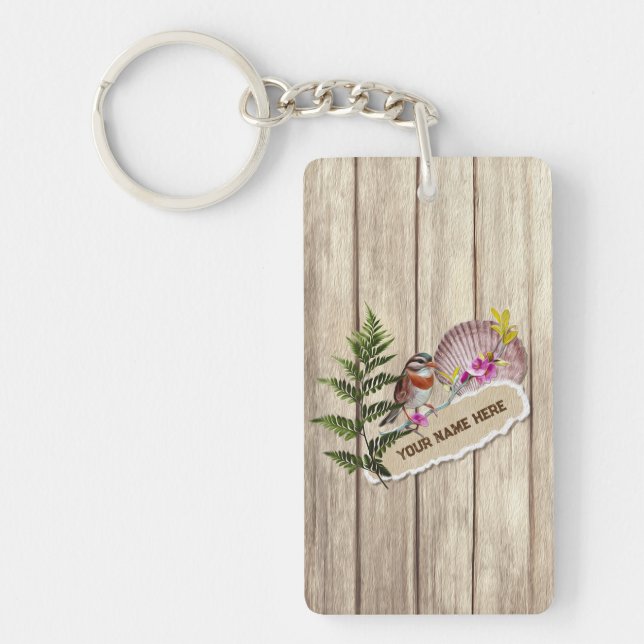 Rustic Torn Paper Wood Oil Paint Personalize Name Key Ring (Front)