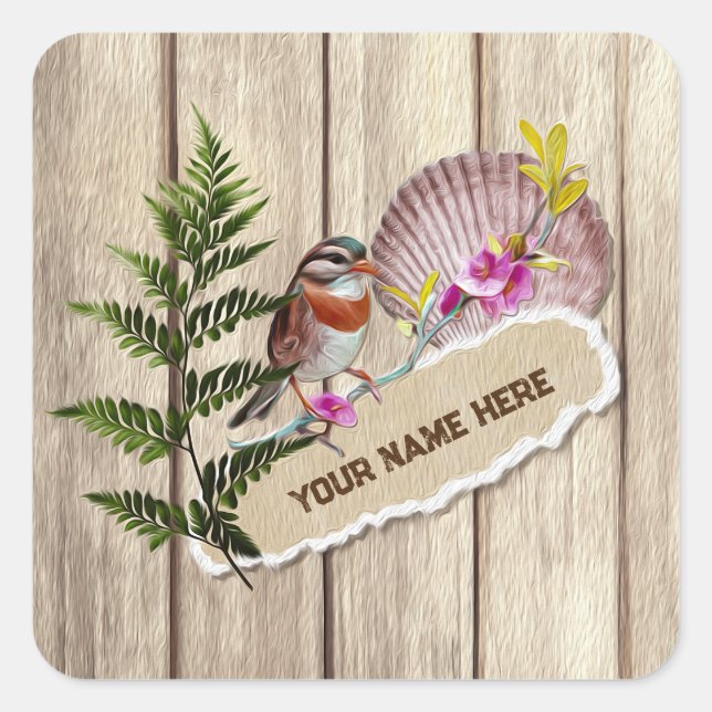 Rustic Torn Paper Wood Oil Paint Personalize Name Square Sticker (Front)