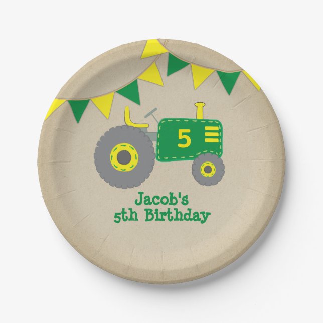 Rustic Tractor Baby Shower Green and Yellow Paper Plate (Front)