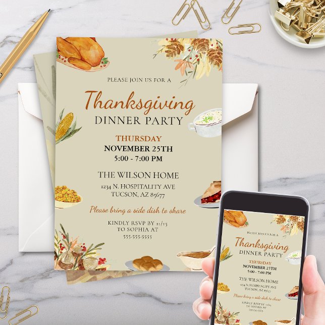 Rustic Traditional Thanksgiving Dinner Party Invitation (Traditional Thanksgiving Dinner Party invitation with turkey fall floral pie stuffing and corn)