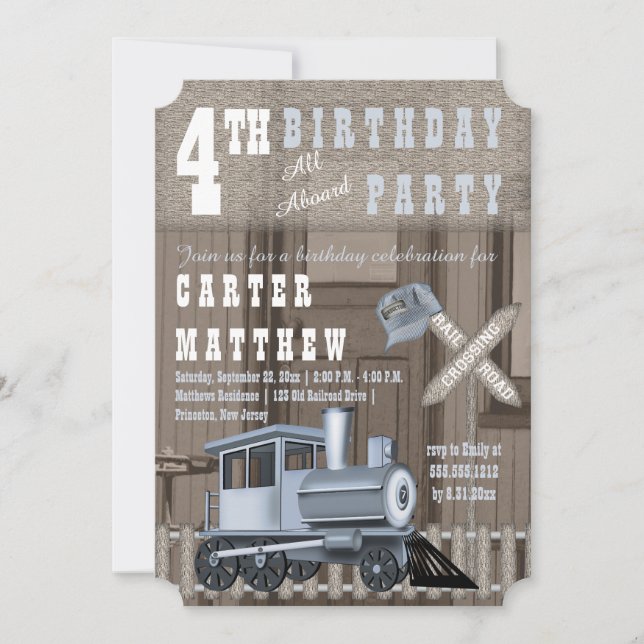 Rustic Train Railroad Crossing 4th Birthday Party Invitation (Front)