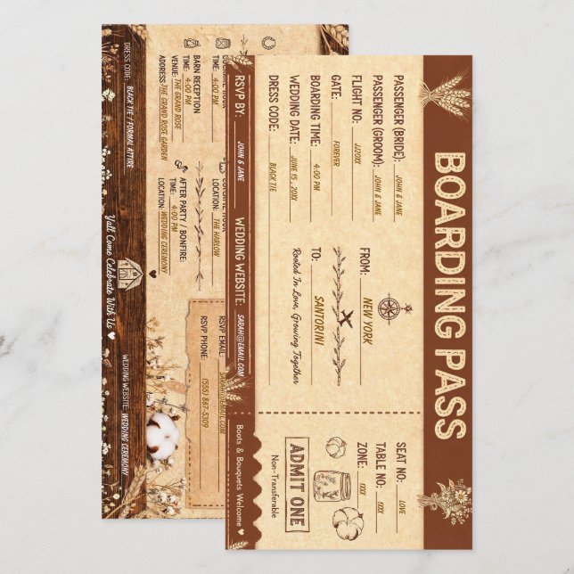 Rustic Travel Themed Boarding Pass Wedding Invitat Save The Date (Front/Back)