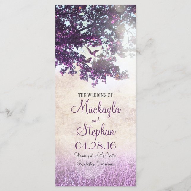 Rustic tree and love birds purple wedding programs programme (Front)