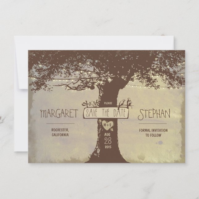 rustic tree and string lights save the date card (Front)
