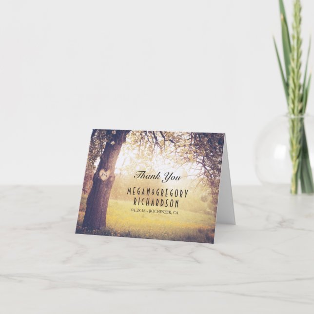 Rustic Tree and Wood Heart Wedding Thank You Card (Front)