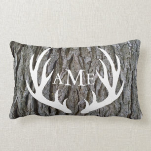Rustic Tree Bark Country Deer Antlers Personalised Lumbar Cushion