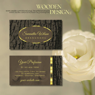 Rustic Tree Bark Dark Brown Wood Grain Gold Border Business Card