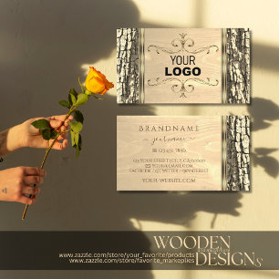 Rustic Tree Bark Grain Golden Ornate Border Logo Business Card