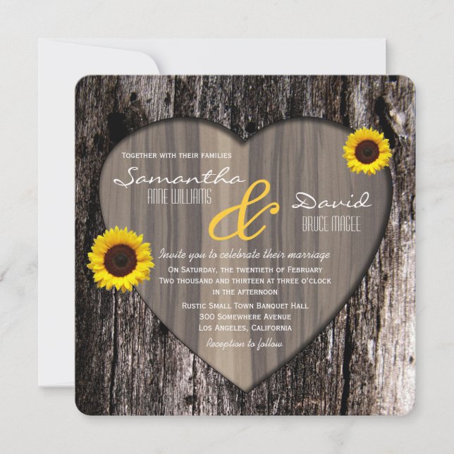 Rustic Tree Bark Heart and Sunflower Wedding Invitation (Front)