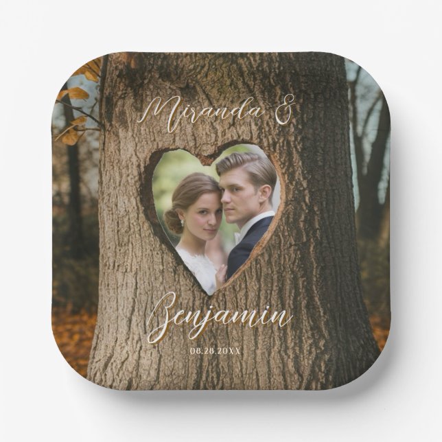 Rustic Tree Bark Heart Photo Wedding Paper Plate (Front)