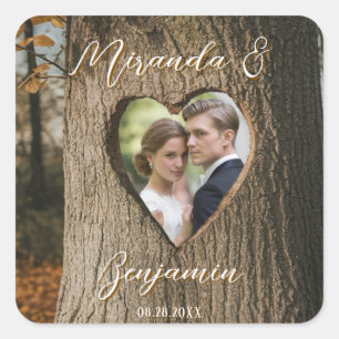 Rustic Tree Bark Heart Photo Wedding Square Sticker