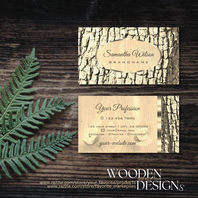 Rustic Tree Bark Light Wood Grain Oval Gold Border Business Card (Creator Uploaded)