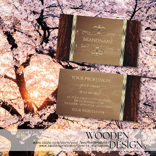 Rustic Tree Bark Natural Wood Grain Gold Border Business Card