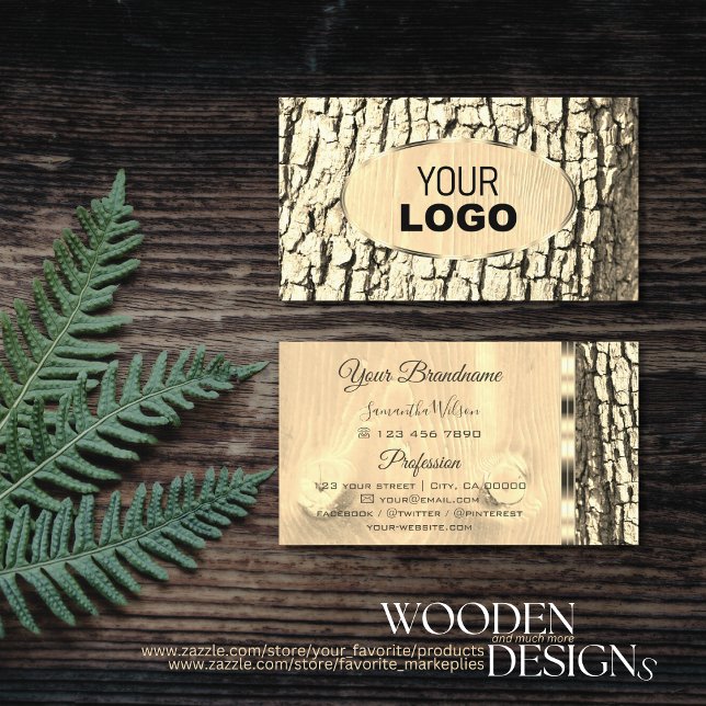 Rustic Tree Bark Oval Gold Border Wood Grain Logo Business Card (Creator Uploaded)