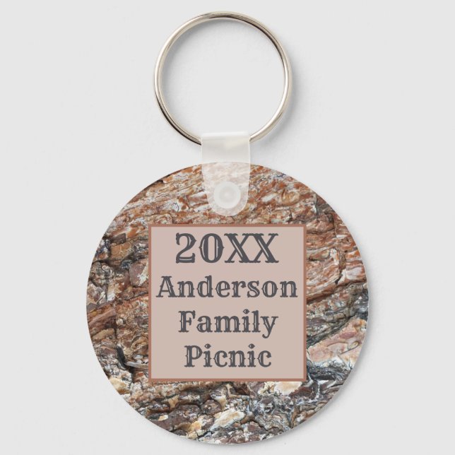 Rustic Tree Bark Reunion Summer Family Picnic Key Ring (Front)