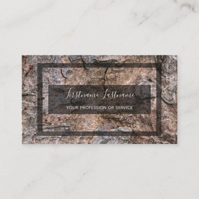 Rustic tree bark surface grey rectangle framed business card (Front)