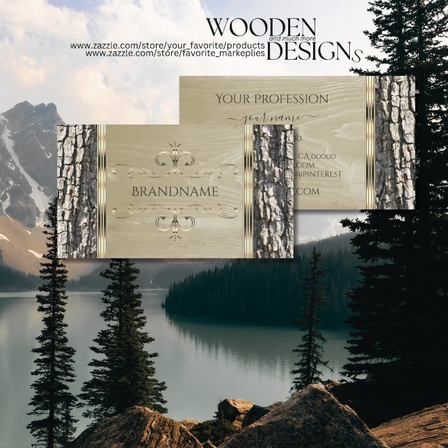 Rustic Tree Bark Wood Grain and Gold Ornate Border Business Card (Creator Uploaded)