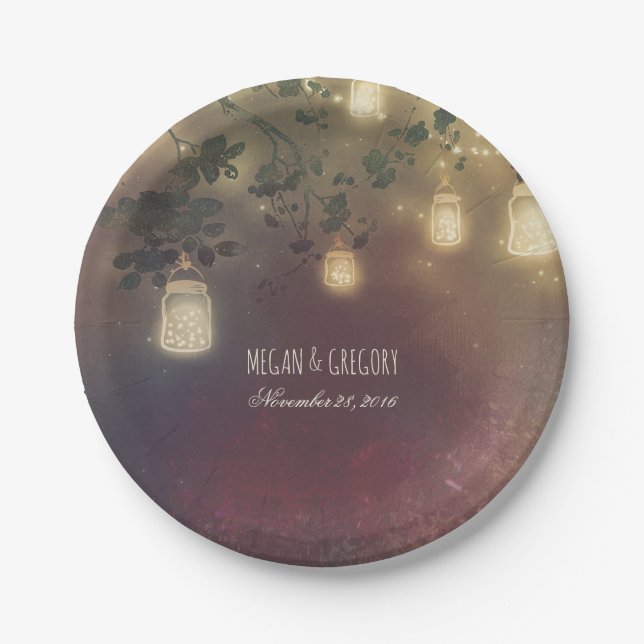 Rustic Tree Branches and Mason Jar Fireflies Paper Plate (Front)
