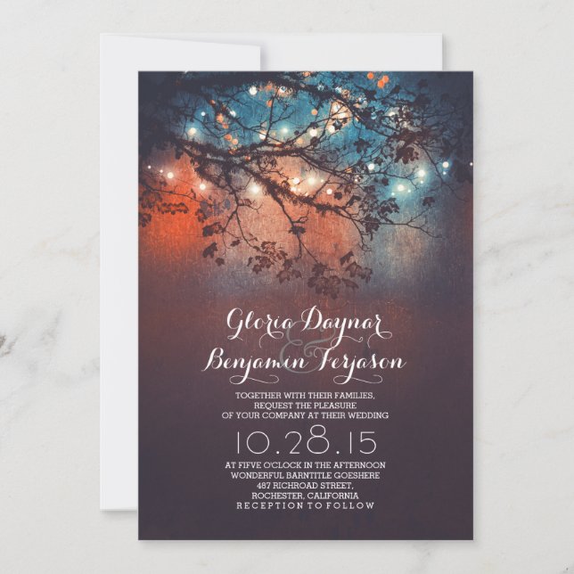 Rustic tree branches hanging string lights wedding invitation (Front)