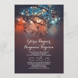 Rustic tree branches hanging string lights wedding invitation