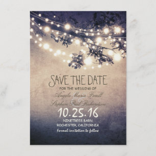 Rustic tree branches & string lights save the date
