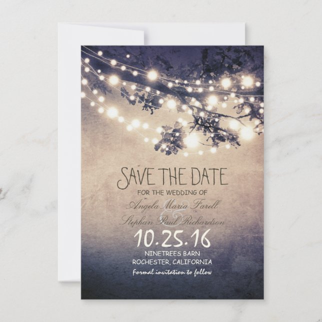 Rustic tree branches & string lights save the date (Front)
