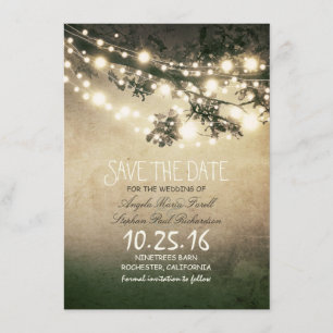 Rustic tree branches & string lights save the date