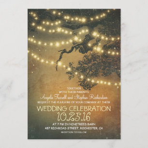 Rustic tree branches & string lights wedding invitation