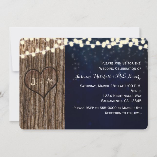 Rustic Tree Carved Heart Night Wedding Invitation (Front)