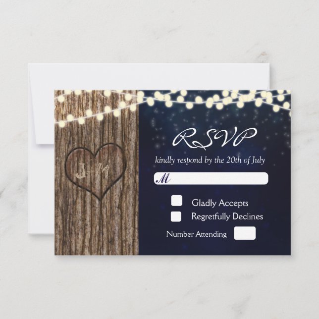 Rustic Tree Carved Heart Night Wedding RSVP Card (Front)