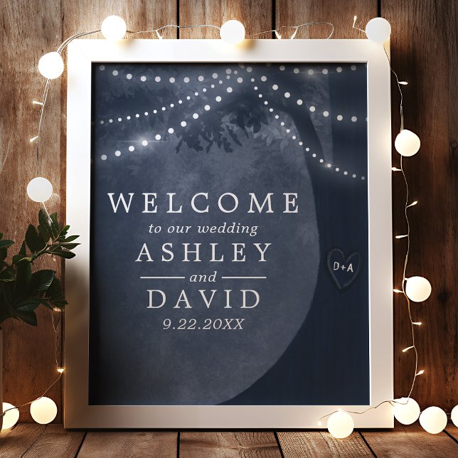 Rustic Tree Carved Initials String Lights Wedding Poster (Creator Uploaded)