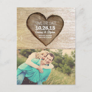 Rustic tree carved wood heart photo save the date announcement postcard