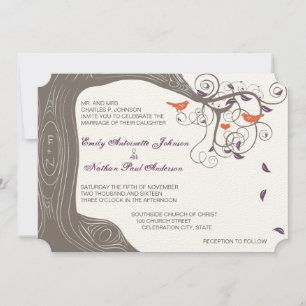 Rustic Tree Coral and Purple Wedding Invitations